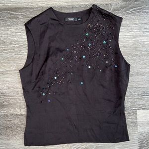 Tahari Blouse Top Brown Sequin Beads 2 Sleeveless